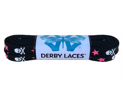 Derby Laces Waxed Roller Derby Laces 108" 108" Black White Skulls, Pink Stars  click to zoom image