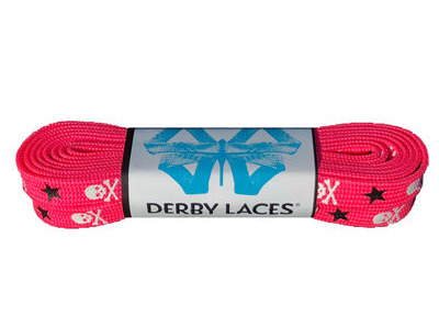 Derby Laces Waxed Roller Derby Laces 108" 108" Hot Pink White Skull, Black Stars  click to zoom image